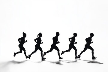 silhouette of a group of runners running together, white background, isolated, race pack, race group