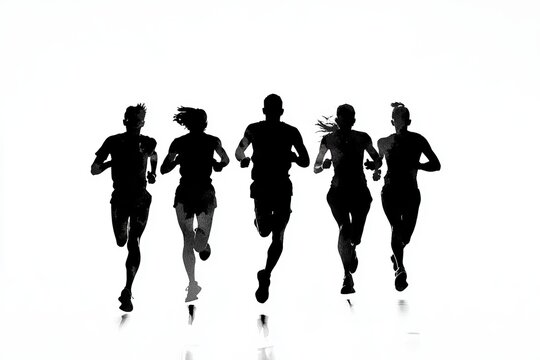 silhouette of a group of runners running together, white background, isolated, race pack, race group