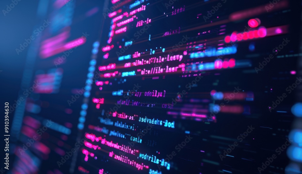 Poster close-up of computer code on a screen, representing the role and importance of software in technolog