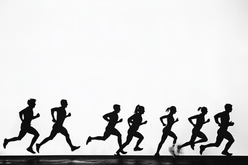 silhouette of a group of runners running together, white background, isolated, race pack, race group