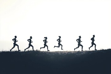 Obraz premium silhouette of a group of runners running together, white background, isolated, race pack, race group