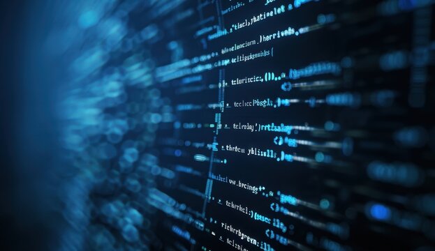 A close-up of computer code on the screen, representing coding and technology The background is dark with a blue glow from above illuminating part or all of it Generative AI