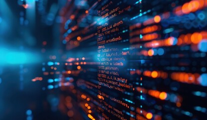 A close up of computer code on the screen, representing advanced software development and coding skills The background is dark with a blue glow from above Generative AI