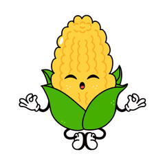 Corn doing yoga character. Vector hand drawn traditional cartoon vintage, retro, kawaii character illustration icon. Isolated on white background. Corn character