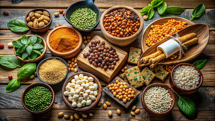 Vibrant arrangement of plant-based protein sources including legumes, nuts, seeds, tofu, tempeh, and whole grains on a rustic wooden background.