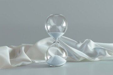 Hourglass with flowing sand on grey background