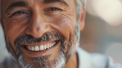 close up portrait of handsome successful happy and attractive man with grey hair and a beard looking at the camera. displaying vibrant health with great tan skin and white teeth. Generative ai