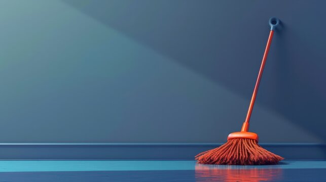 Clean and sweep dust at home with a floor mop. Modern illustration of a broom with plastic handle and a cloth duster for the home.