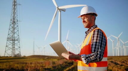 A realistic of a smiling modern engineer holding a laptop, standing in front of a field of wind turbines. The engineer is wearing a white hard hat and a reflective safety vest,