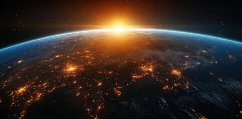 A mesmerizing image of Earth's horizon at sunrise, featuring beautifully glowing city lights and a serene atmosphere, representing optimism and global interconnectedness.