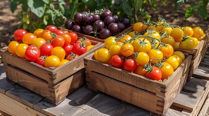 Freshly picked assorted colorful tomatoes neatly displayed for sale in rustic wooden crates at an outdoor market.