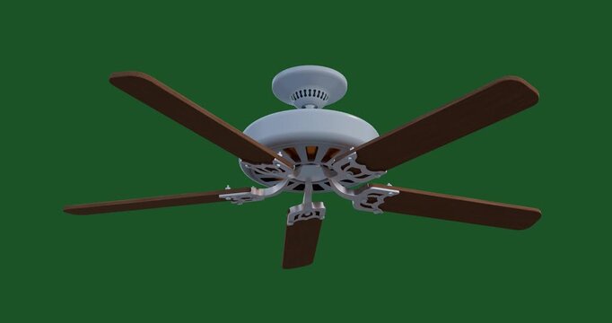 Close up of a spinning ceiling fan with white motor housing, alloy blade arms and luxury composite blades; engineered indoor fan on greenscreen