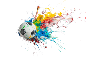 A soccer ball colliding with vibrant splashes of paint, isolated on a transparent background. 