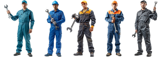 Pack of Standing and holding wrench, factory male worker in uniform set