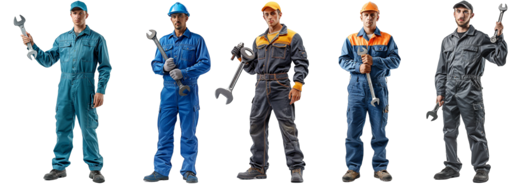 Pack of Standing and holding wrench, factory male worker in uniform set