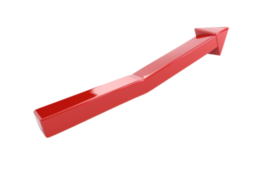 A red arrow pointing upwards alongside a bar chart, isolated on a transparent background