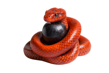 A red serpent holding a forbidden black apple, isolated on a transparent background.