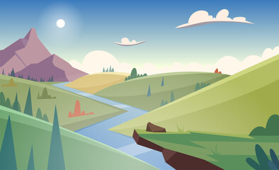 landscape. background outdoor pictures with hills and river vector template