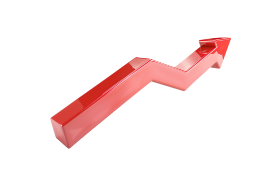 A red arrow pointing upwards alongside a bar chart, isolated on a transparent background