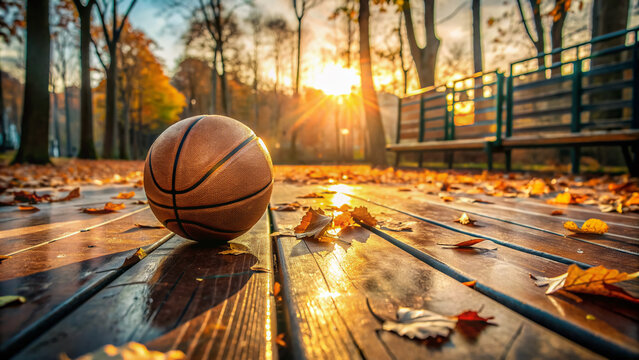 Drenched in morning sunlight, a lone basketball rests on a worn wooden court, surrounded by scattered leaves, awaiting the next teenager's energetic dunk.