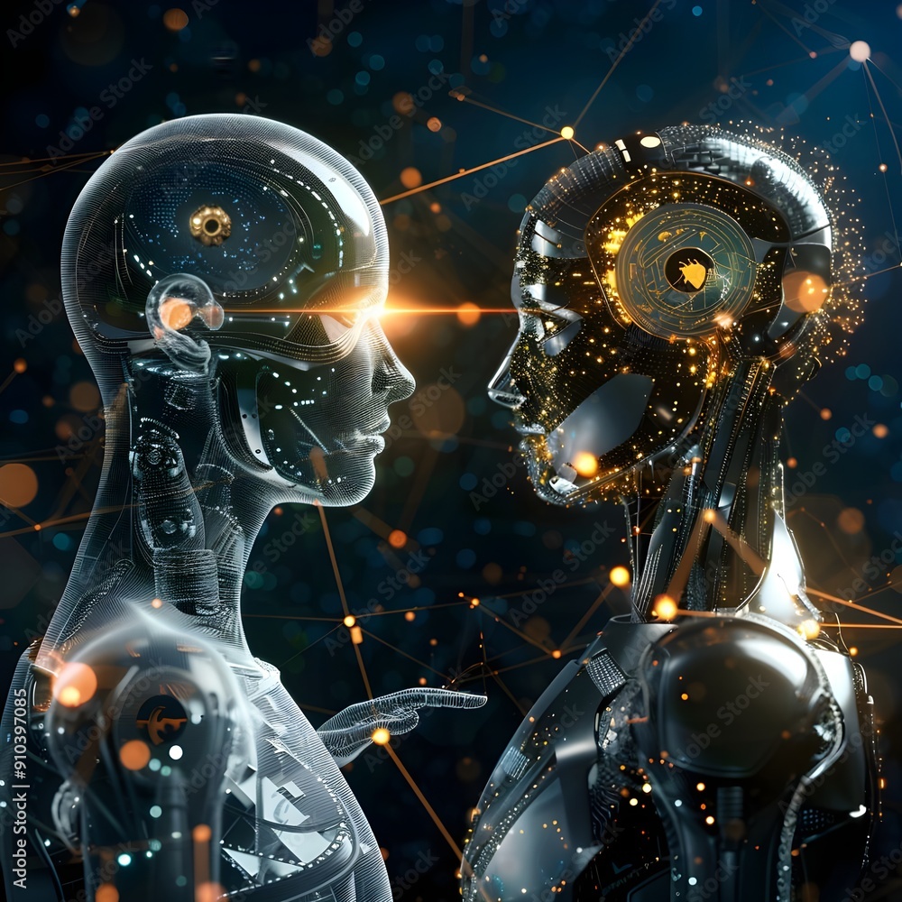 Poster two robotic heads facing each other with golden glows, symbolizing advanced ai interaction.