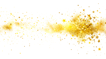 Golden stars and glitter explosion cloud, confetti splash, twinkling scattered star dust and particles, isolated transparent background