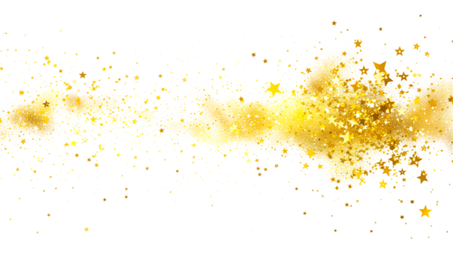 Golden stars and glitter explosion cloud, confetti splash, twinkling scattered star dust and particles, isolated transparent background