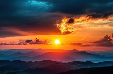 Obraz premium beautiful sunset over the hills, with a dark sky and orange sun in view