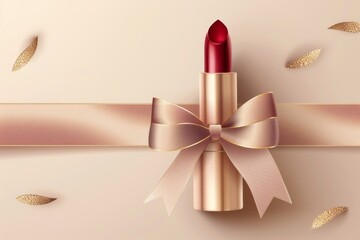 elegant beige gold background with satin ribbon and bow, copy space, mock up,