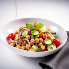 Vegetarian chickpea salad prepared with tomatoes, cucumber, red onion, cress salad and arugula, White Background,