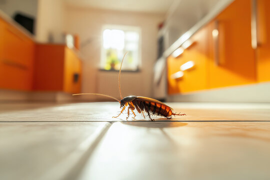 A detailed close-up of a cockroach walking on a bright and clean kitchen floor, highlighting the insect's antennae and features, with a blurry kitchen background.
