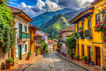 Fototapeta premium Historic cobblestone streets and vibrant colonial architecture of Candelaria neighborhood in Bogotá, Colombia, surrounded by majestic Andean mountains and lush greenery.