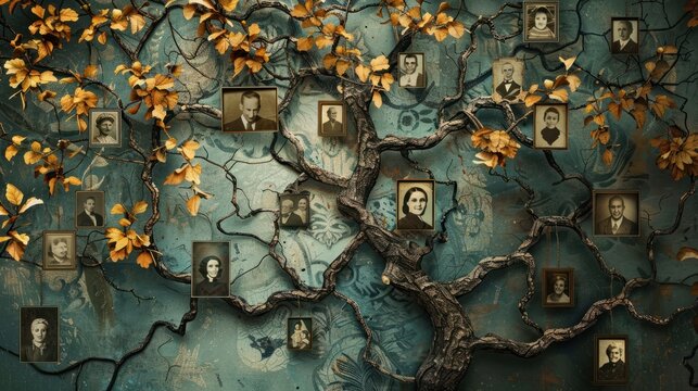 generations connected woman honoring ancestors with family tree of old photographs ai generated illustration