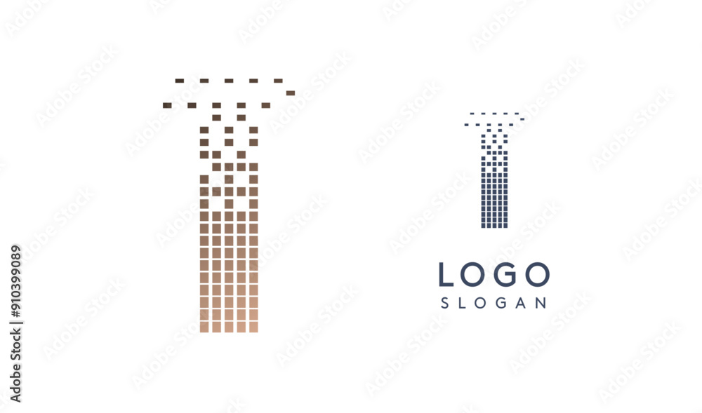 Aufkleber Pixelated Letter T transitioning into scattered pixels with gradient colors creating modern, digital effect like equalizer. Abstract logo for tech software and digital media. Vector illustration.