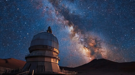 Obraz premium Huge radio telescope on the milky way galaxy background in the starry night.