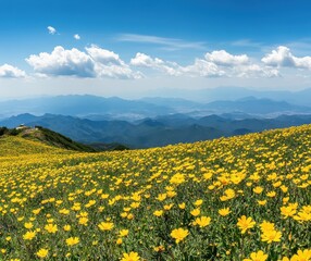Fototapeta premium endless yellow wildflowers cover the green grass on Mount Lushan, with a blue sky and white clouds in the distance