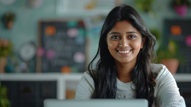Happy young Indian business woman sitting at desk with laptop Professional online teacher coach in Smile School Advertise virtual student classes Teach a webinar on distance education. Portrait.