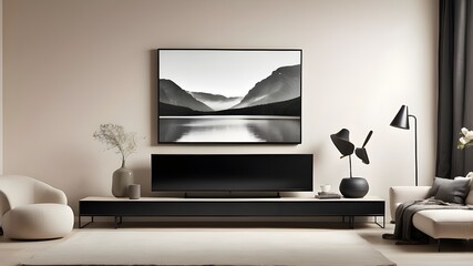 "Design a sleek, modern minimalist TV frame in matte black or brushed metal, with clean lines and a thin profile. Place it on a wall above a contemporary media console, surrounded by minimalist decor 