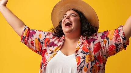Isolated overweight plus size woman enjoying life on a plain yellow background.
