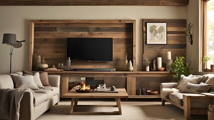 "Create a rustic wooden TV frame using reclaimed wood with a natural, weathered finish. Hang it above a cozy fireplace in a living room with exposed beams, a comfy sofa, and vintage-inspired decor for