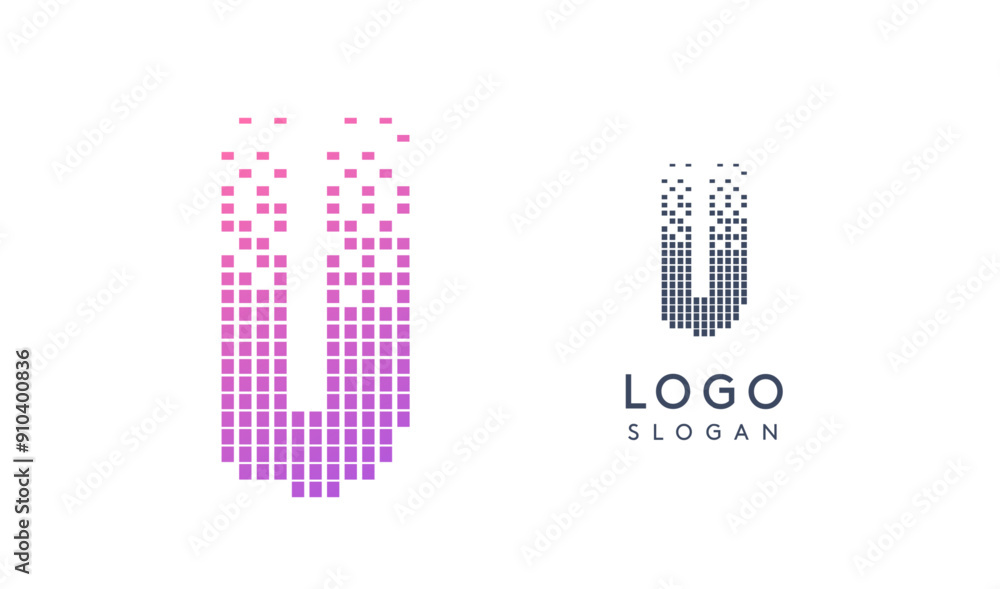 Aufkleber Pixelated Letter U transitioning into scattered pixels with gradient colors creating modern, digital effect like equalizer. Abstract logo for tech software and digital media. Vector illustration.