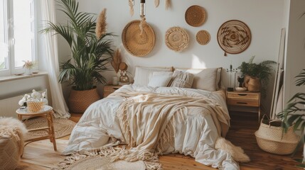 Minimalist boho bedroom with natural decor elements. Cozy and serene space with wicker accents and orchids.