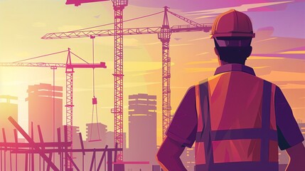 An illustration in flat style depicting a construction worker from behind, standing in front of a modern construction site with tower cranes at sunset. The worker, detailed with a