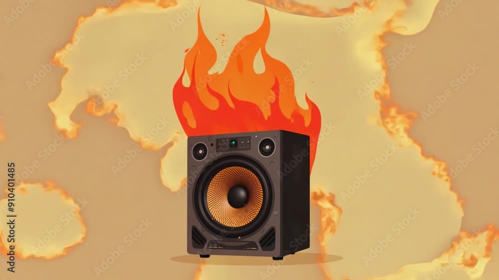 Poster A speaker emits sound waves while flames rise around it, creating a dynamic contrast against a soft, abstract background.