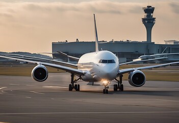 Naklejka premium taking airplane front airport view background business technology sun aeroplane aircraft aerodrome runway flight sky travel air plane jet departure wing airliner aviation take commercial passenger