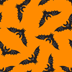 Seamless pattern with bats on an orange background. Halloween Pattern