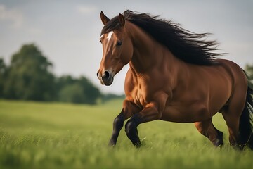 Obraz premium mane horse close long green field run red beautiful summer colours flower animal outside domestic equine equestrian nature meadow beauty portrait brown spring landscape head wild farm adult cute1