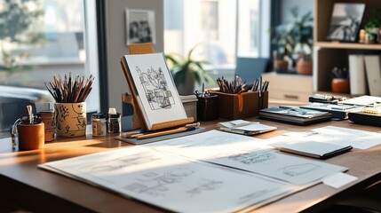 A creative workspace with an office desk, art supplies, and sketches.