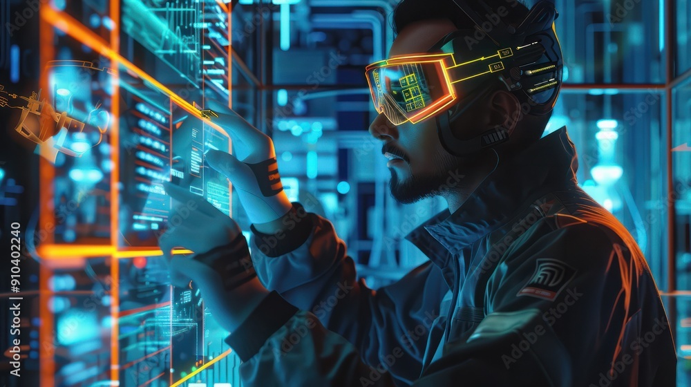Poster portrait of a maintenance engineer using advanced technology to optimize factory operations. generat