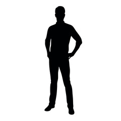 vector silhouette of a man dressed in a shirt and jeans standing with hands on hips, side view